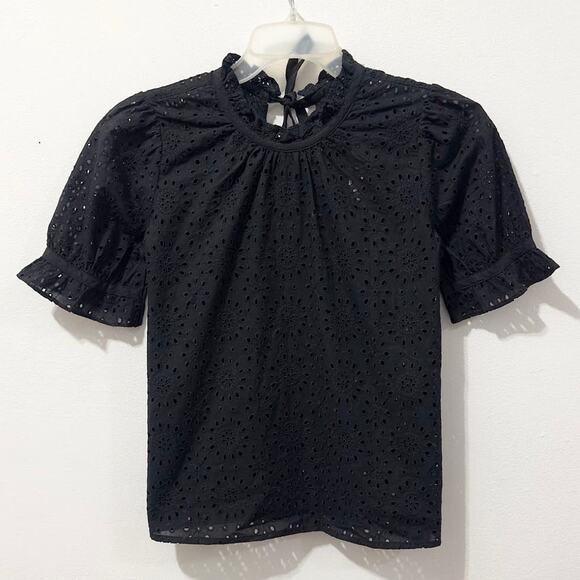 Madewell Tops - NWT: Madewell - Women's Black, Ruffle Neck, Short Sleeve, Eyelet Blouse (XS)